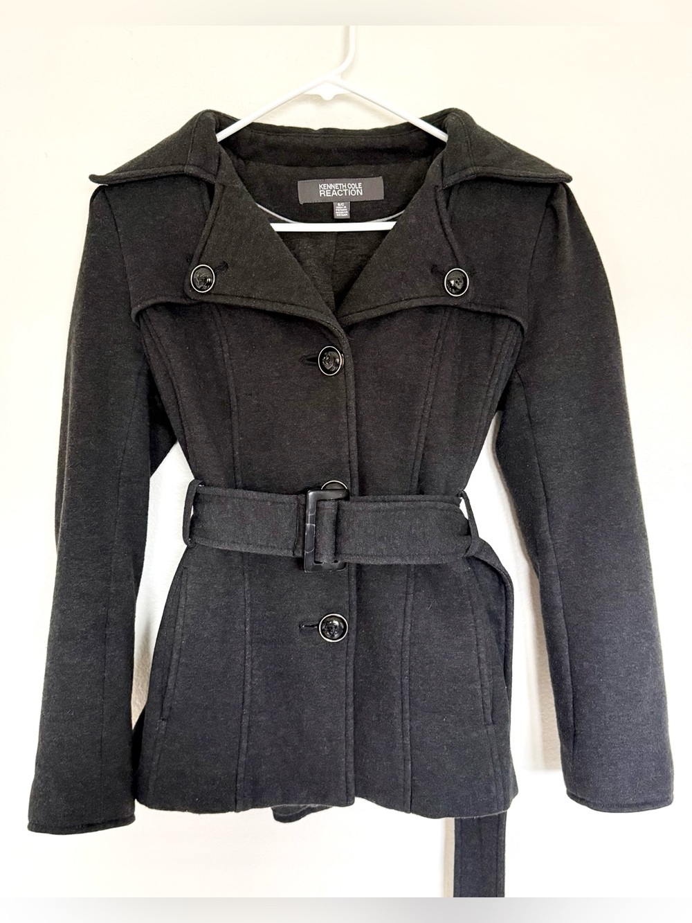 Kenneth Cole Reaction Belted Peacoat Dark Gray Size S Cotton Blend